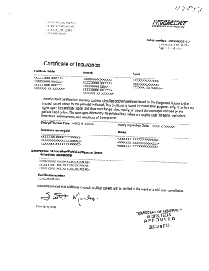 Progressive Certificate of Insurance  Form