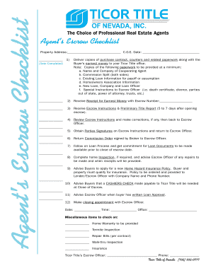 Agent39s Escrow Checklist Ticor Title  Form