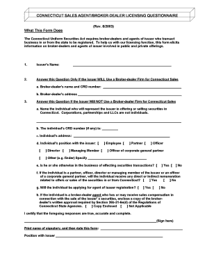 Connecticut Sales AgentBroker Dealer Licensing Questionnaire Securities Form