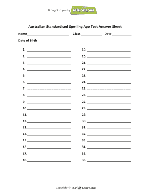 Australian Standardised Spelling Age Test Answer Sheet  Form