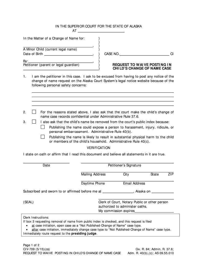  CIV 709, Request to Waive Posting in Child's Name Change Case 2015