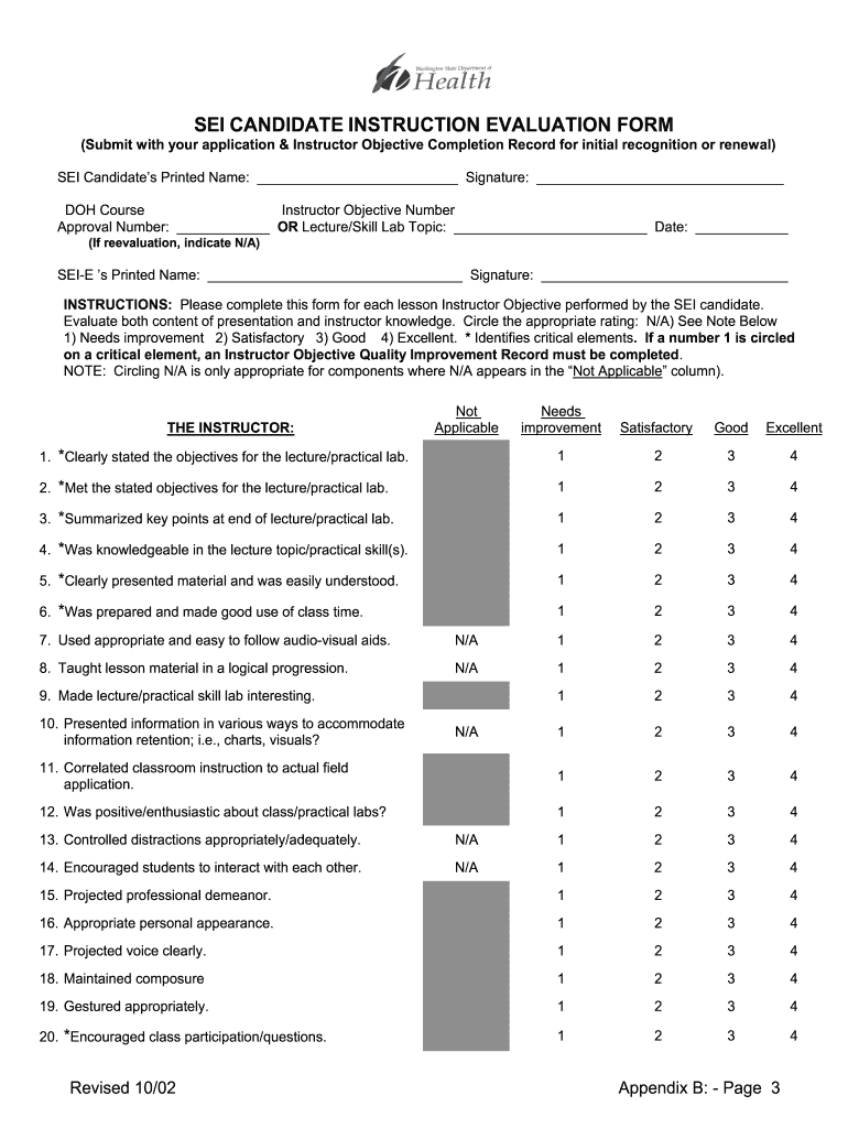 SEI CANDIDATE INSTRUCTION EVALUATION FORM Doh Wa