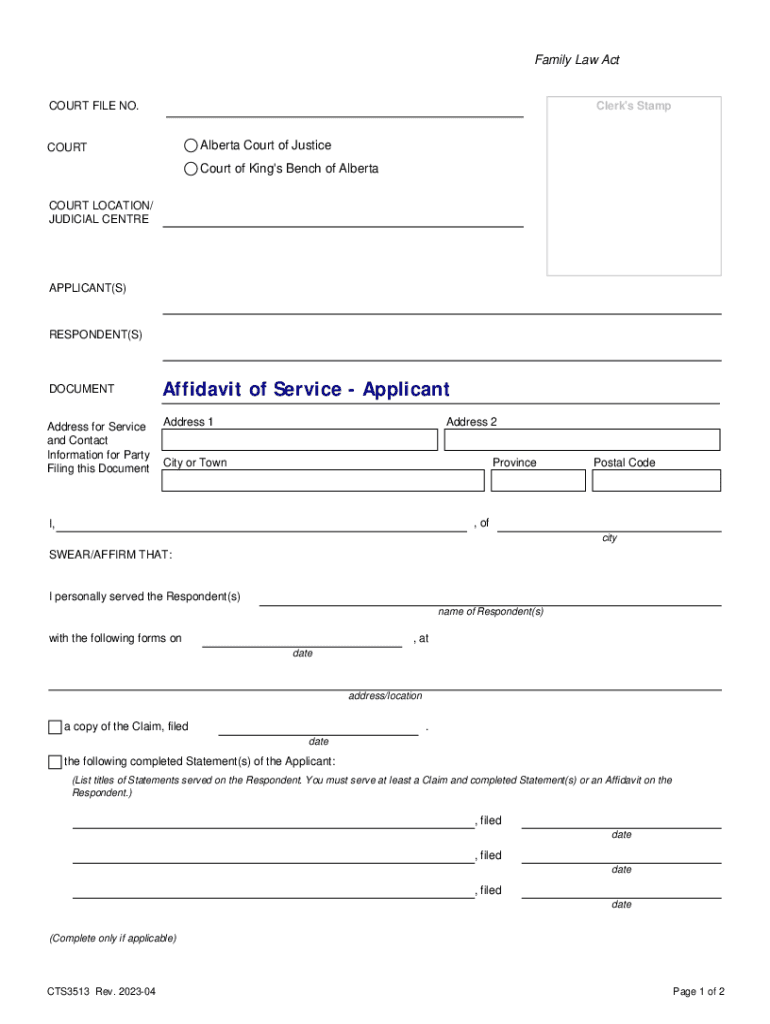 Affidavit of Service Applicant This Document is Used in the Provincial Court and Court of King&#039;s Bench of Alberta Regarding 2023-2024