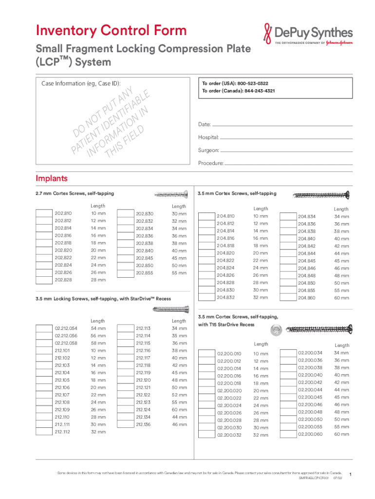  Synthes Locking Small Fragment Inventory Control Form 2022-2024