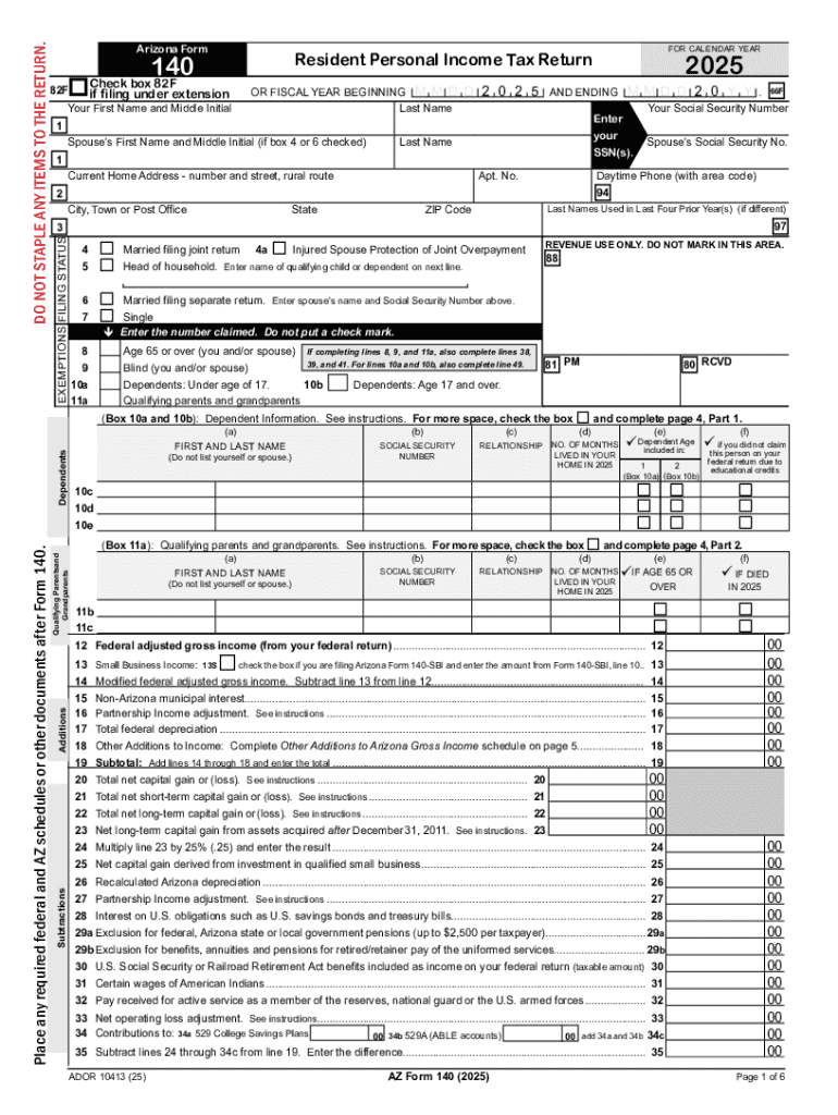 Form 140 Resident Personal Income Tax Form Fillable Arizona