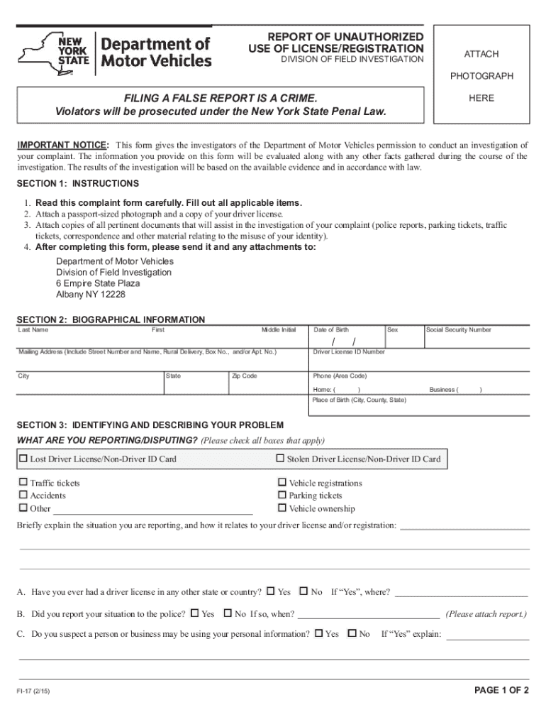  Form FI 17 Report of Unauthorized Use of LicenseRegistration 2022-2024