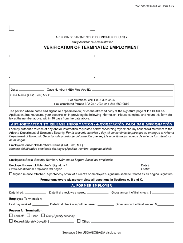 FAA 1701A Verification of Terminated Employment  Form