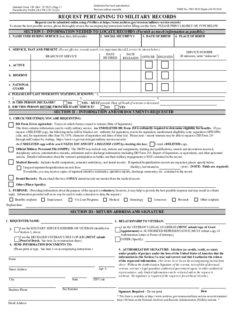  Standard Form 180 Request Pertaining to Military Records 2023-2024