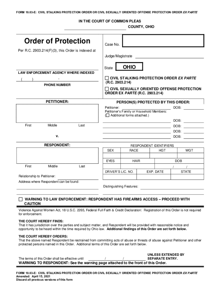Form 10 03 E Civil Stalking Protection Order or Civil Sexually Oriented Offense Protection Order Ex Parte