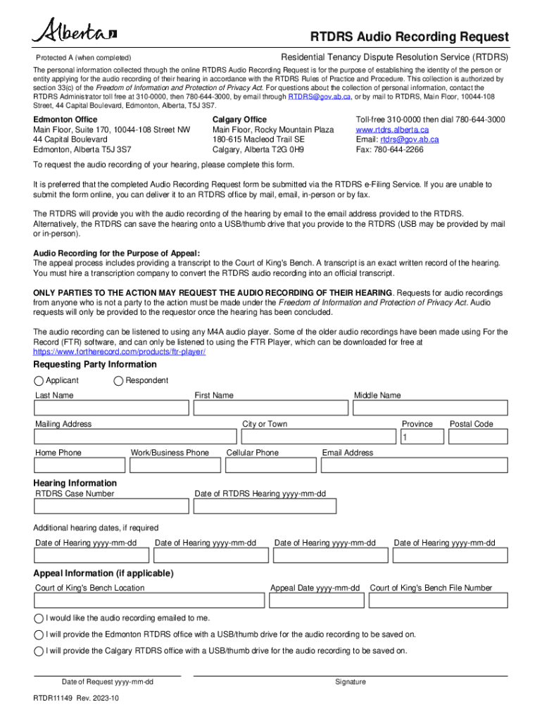 RTDRS Audio Recording Request Applicants Who Wish to Order a Transcript of Their Hearing Must Complete This Form and Submit it T