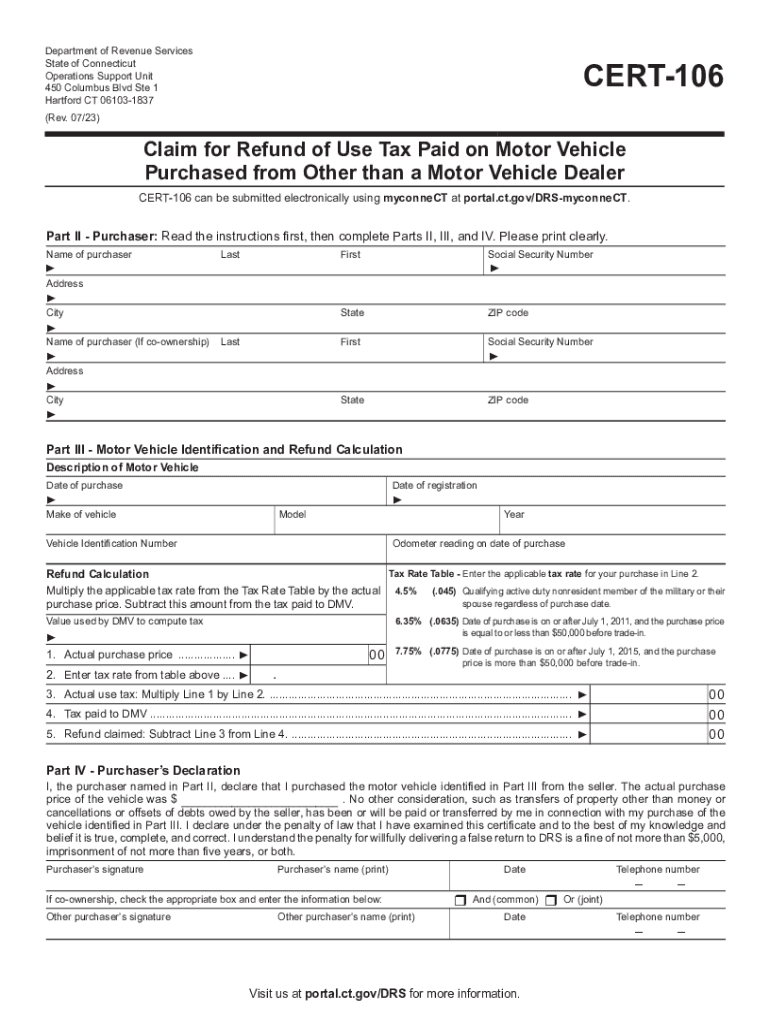  CERT 106, Claim for Refund of Use Tax Paid on Motor 2022