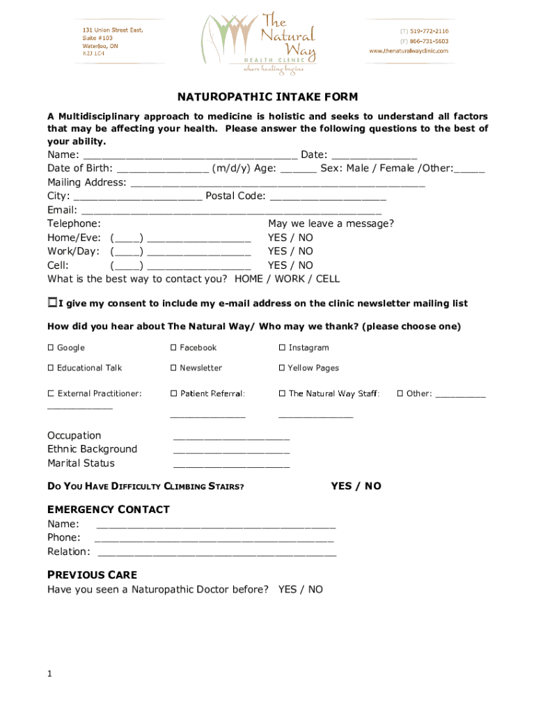  Fillable Online NATUROPATHIC INTAKE FORM 2019-2024