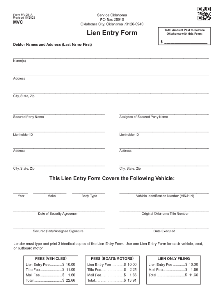  Form MV 21 a Lien Entry Form 2023-2024