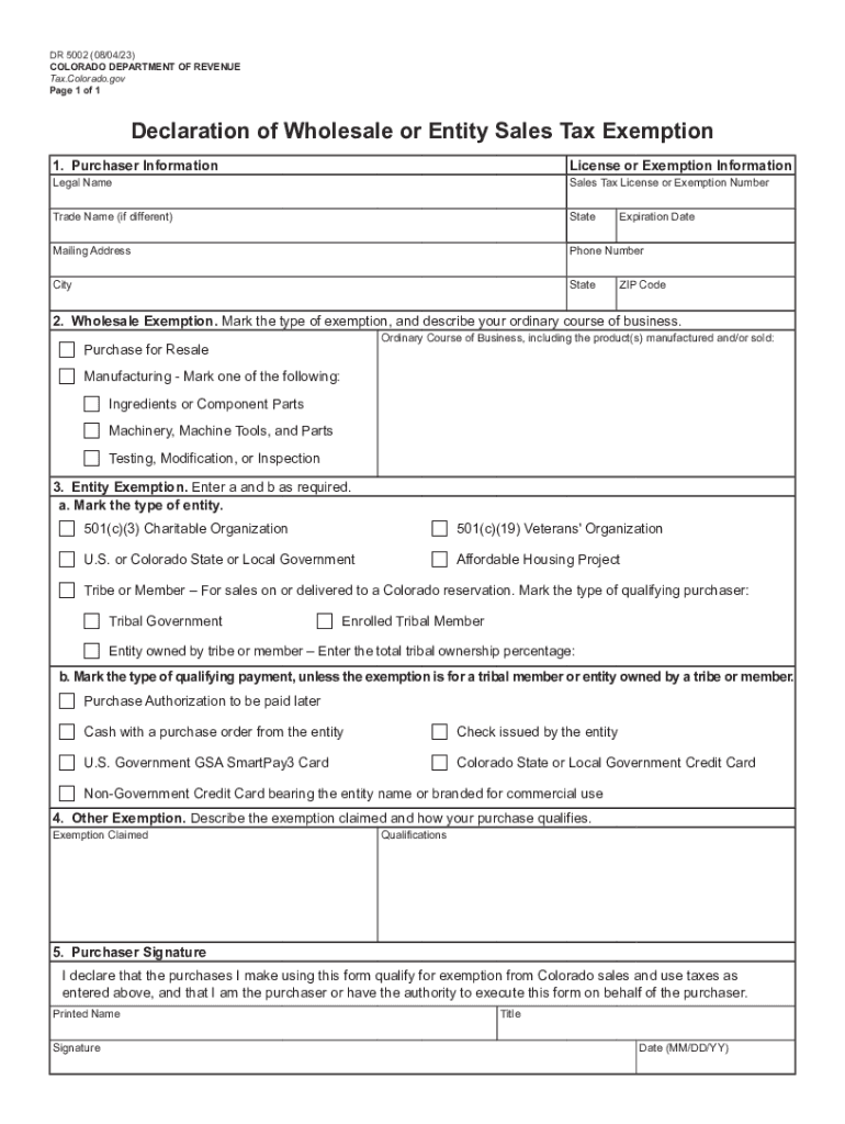 DR 5002 Declaration of Wholesale or Entity Sales Tax Exemption  Form