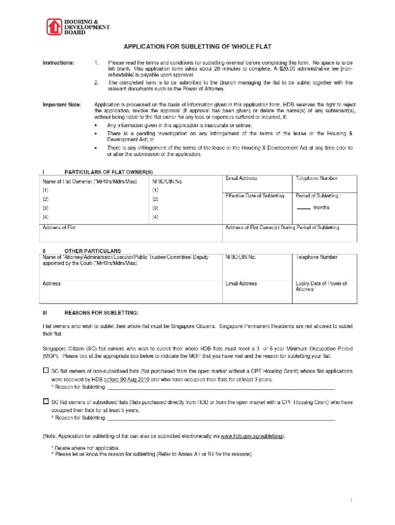 APPLICATION for SUBLETTING of WHOLE FLAT PDF Download  Form