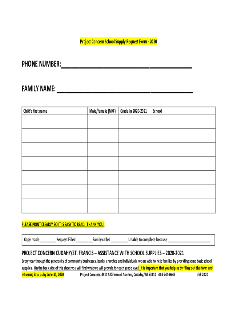 Project Concern School Supply Request Sheet DOCX  Form