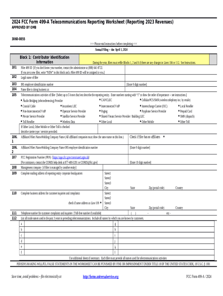 FCC Form 499 a Telecommunications Reporting Worksheet