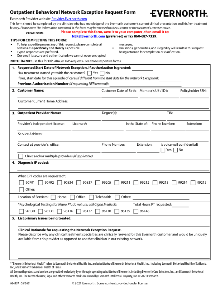 Evernorth Outpatient Behavioral Network Exception Request Form