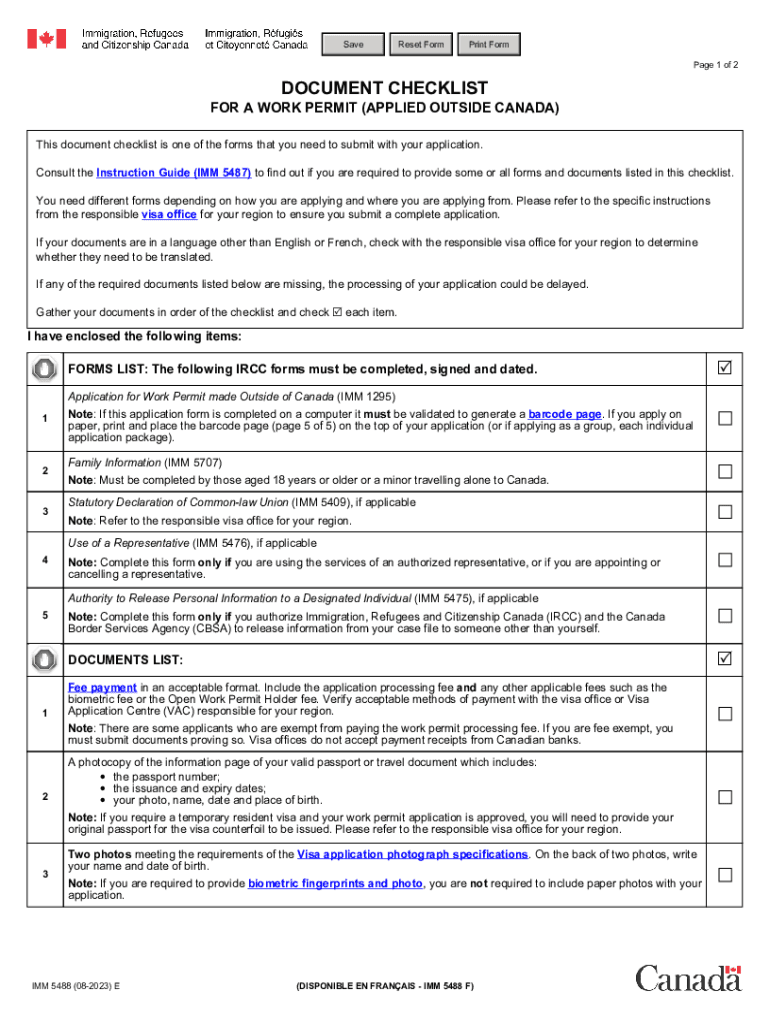 IMM 5488 E DOCUMENT CHECKLIST for a WORK PERMIT APPLIED OUTSIDE CANADA  Form