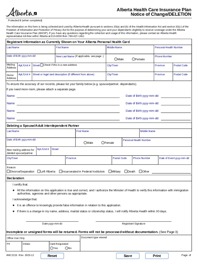  AHCIP Notice of ChangeDeletion Used by the Public to Delete Individuals from Their Personal Information File in Regards to Alber 2023-2024