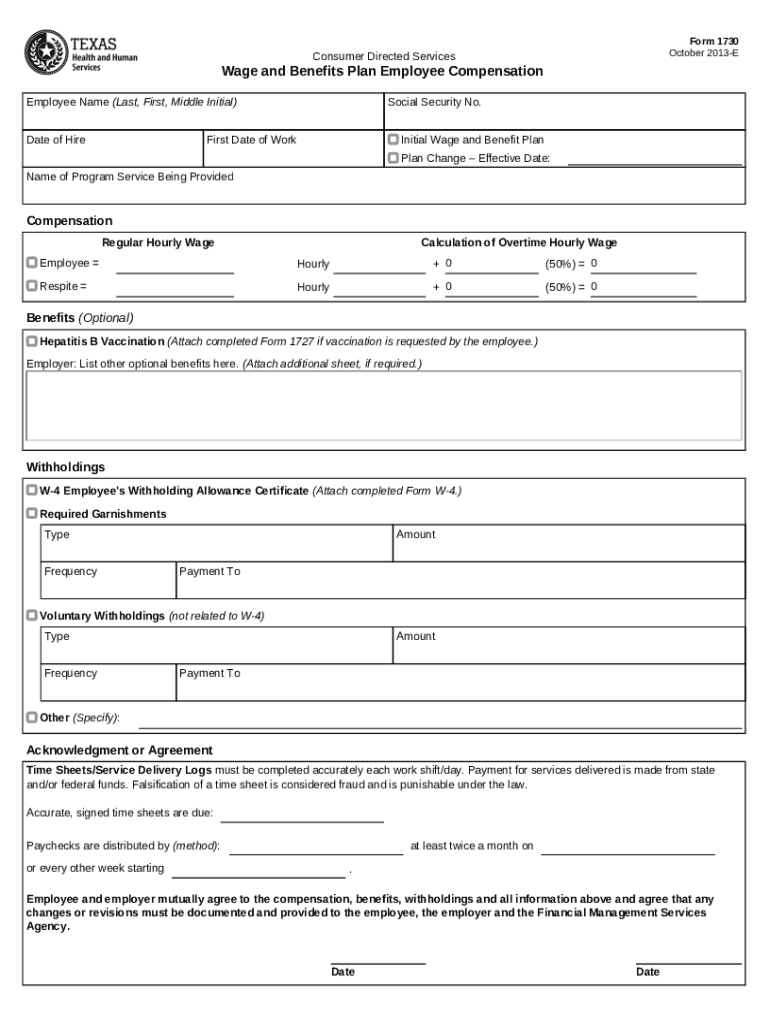 Form 1730, Wage and Benefits Plan Employee Compensation 1730 PDF