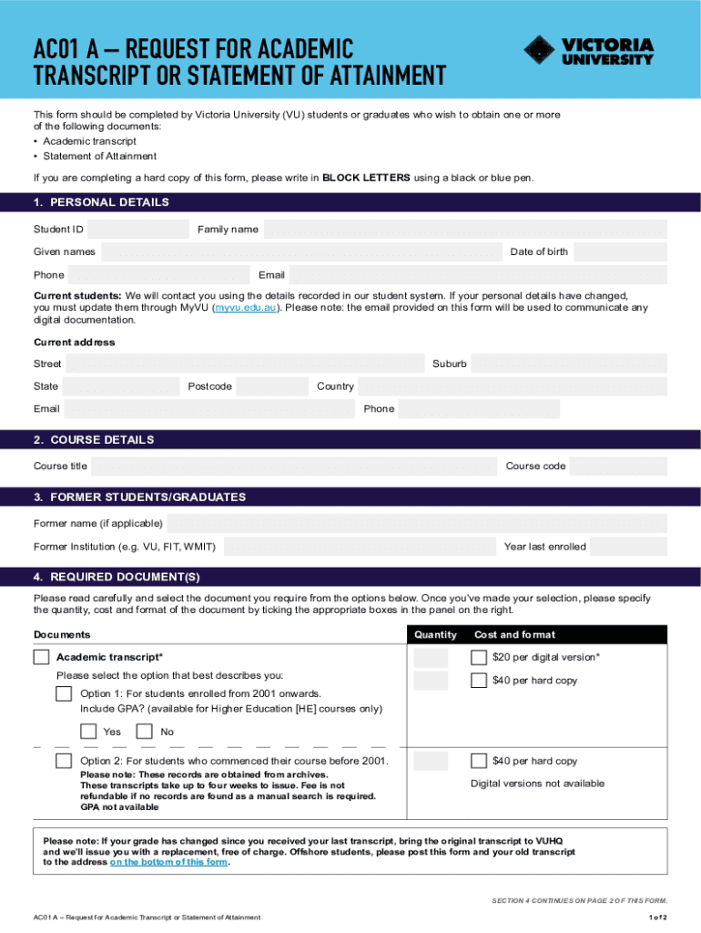 Fillable Online Request for Academic Transcript or Statement of  Form