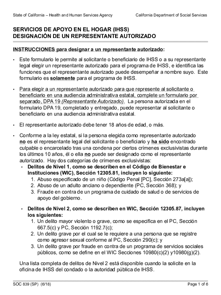 SOC 839 IHSS Designation of Authorized Representative, Spanish  Form