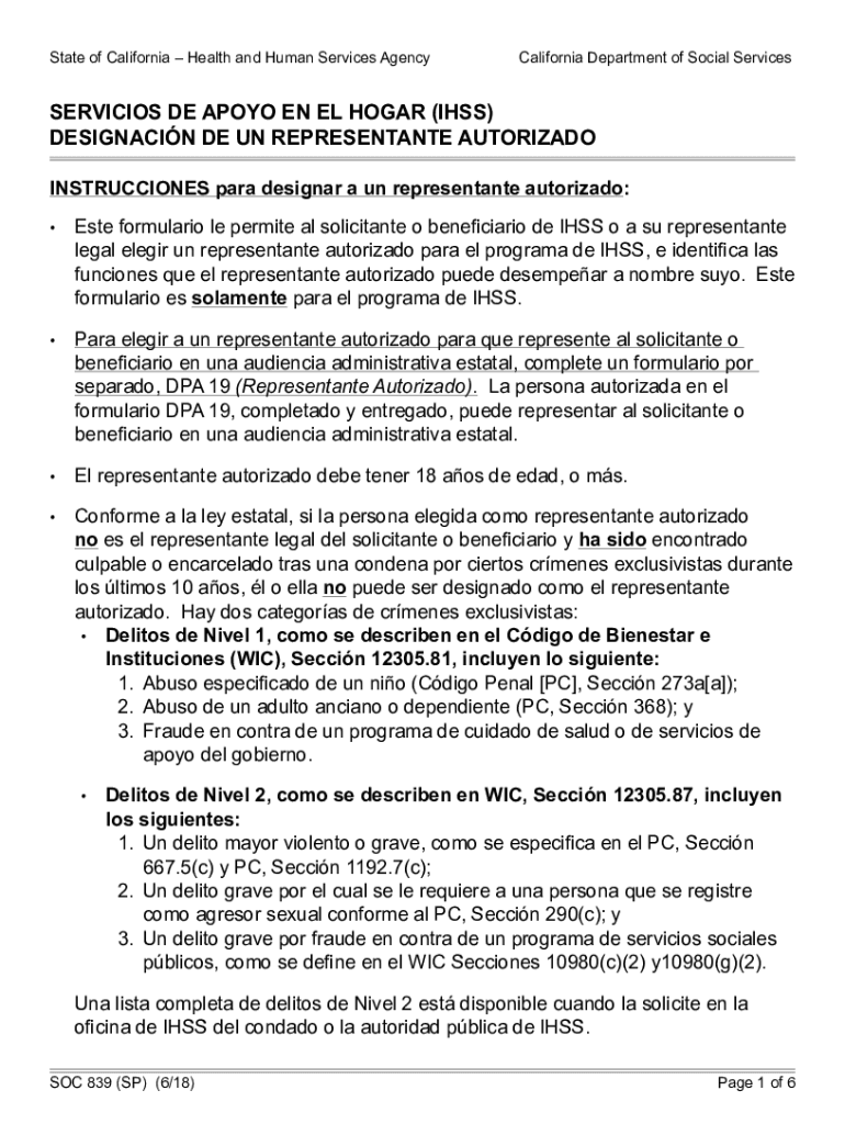 SOC 839 IHSS Designation of Authorized Representative, Spanish Form