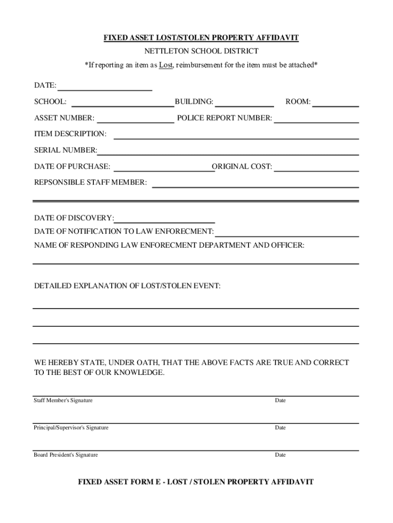 Fixed Asset Lost or Stolen Property Affidavit Connect Suite  Form