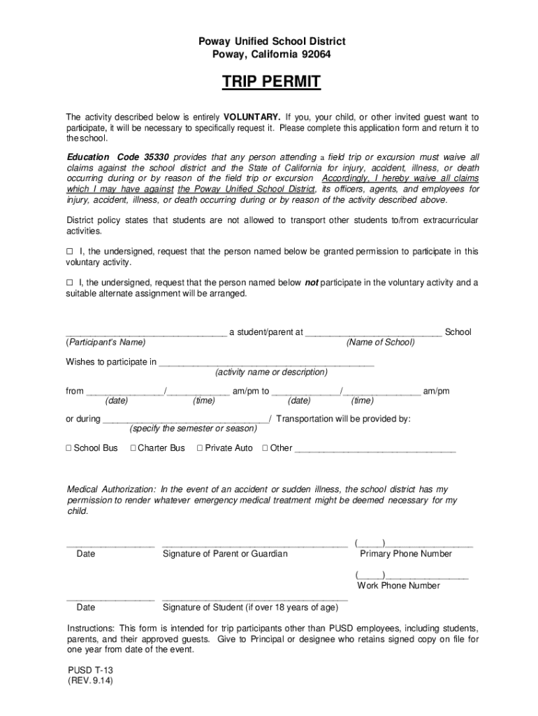 Fillable Online Poway Unified School District  Form