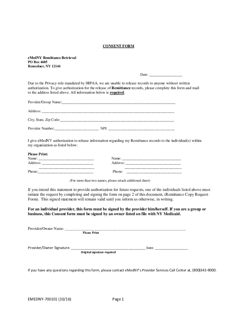  CONSENT FORM EMedNY Remittance Retrieval 2016-2024