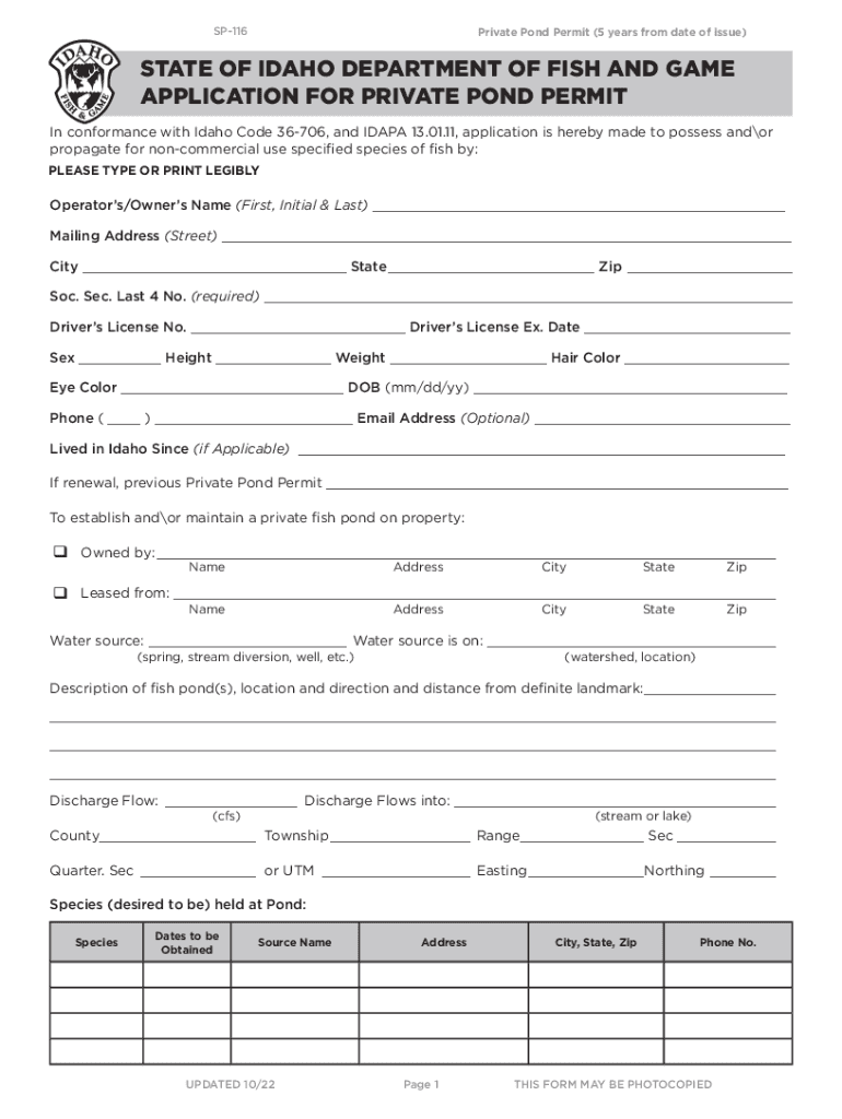 Form SP 116 Application for Private Pond Permit Idaho