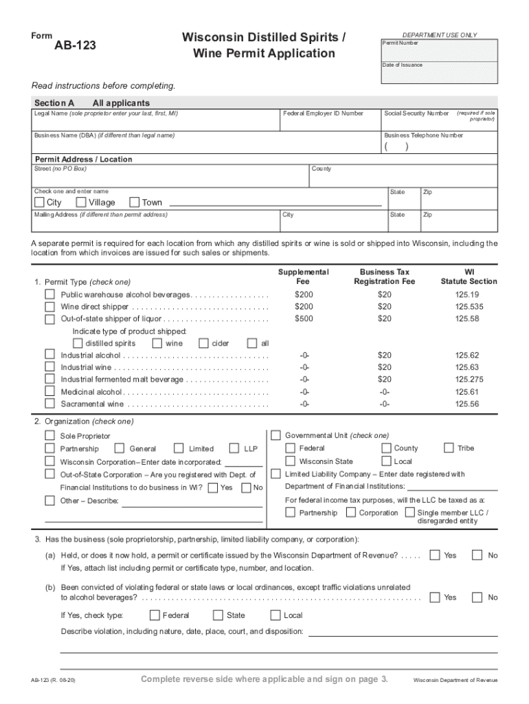 AB 115Wisconsin Liquor Wine Permit Application  Form