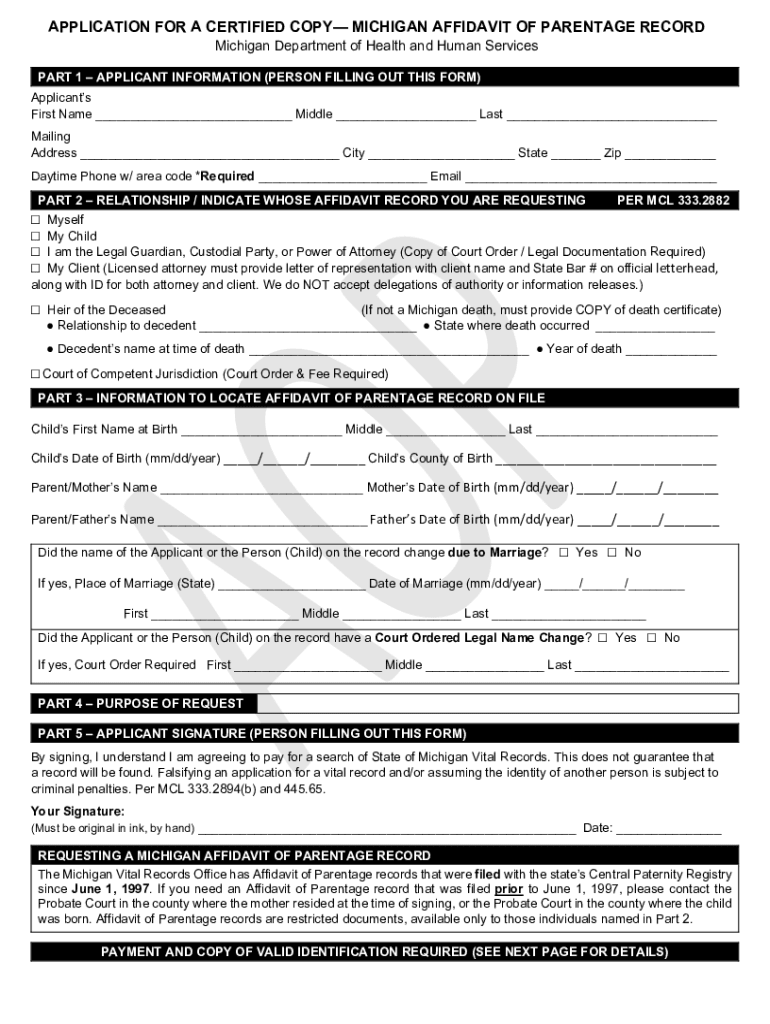  APPLICATION for a CERTIFIED COPY MICHIGAN AFFIDAVIT 2023-2024