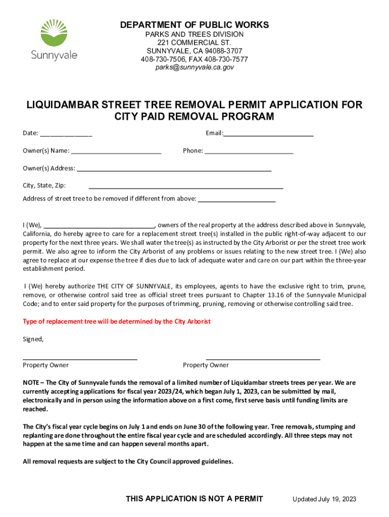 Sunnyvale Tree Removal Permit Form Fill Out and Sign
