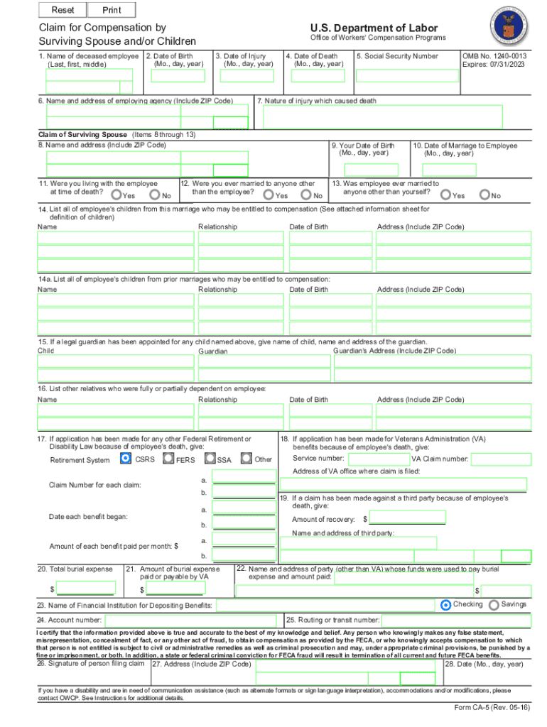 Form CA 5 Claim for Compensaion by Widow