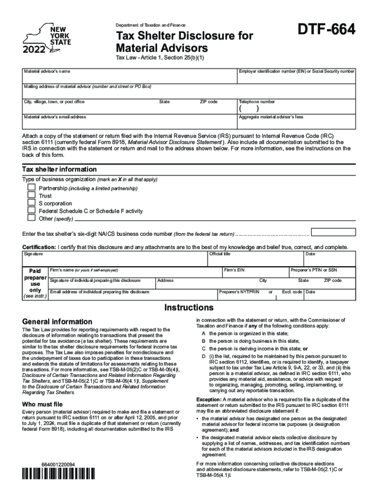  Form DTF 664 Tax Shelter Disclosure for Material Advisors Tax Year 2022-2024