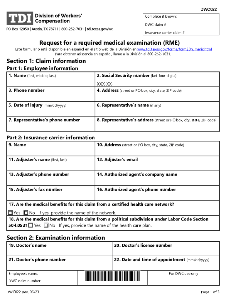  DWC Form 022, Request for a Required Medical Examination RME 2023-2024