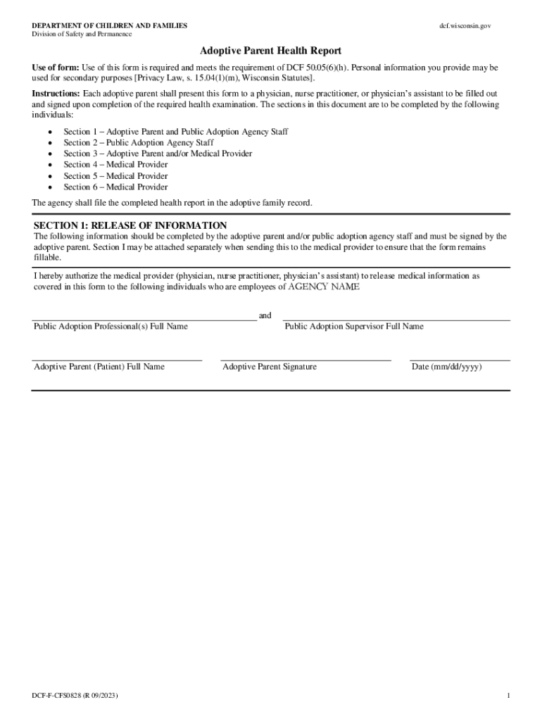 Adoptive Parent Health Report, DCF F CFS0828 E Division of Safety and Permanence  Form