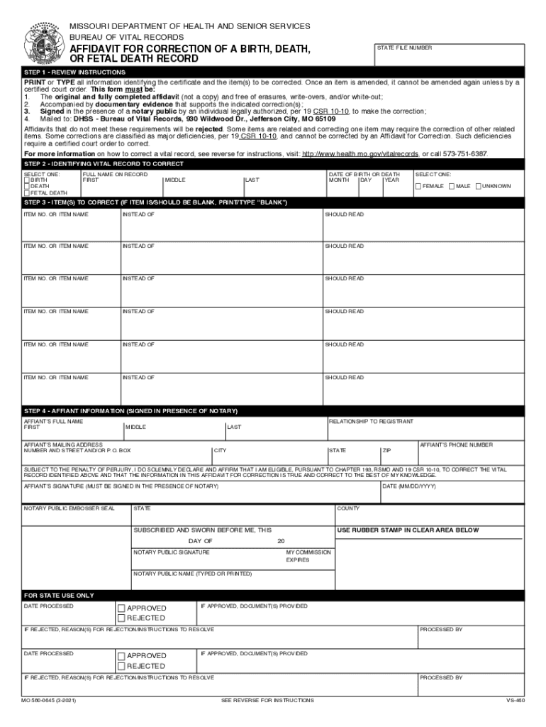  580 0645 3 AFFIDAVIT for CORRECTION of a BIRTH, DEATH, or FETAL DEATH RECORD 2021-2024