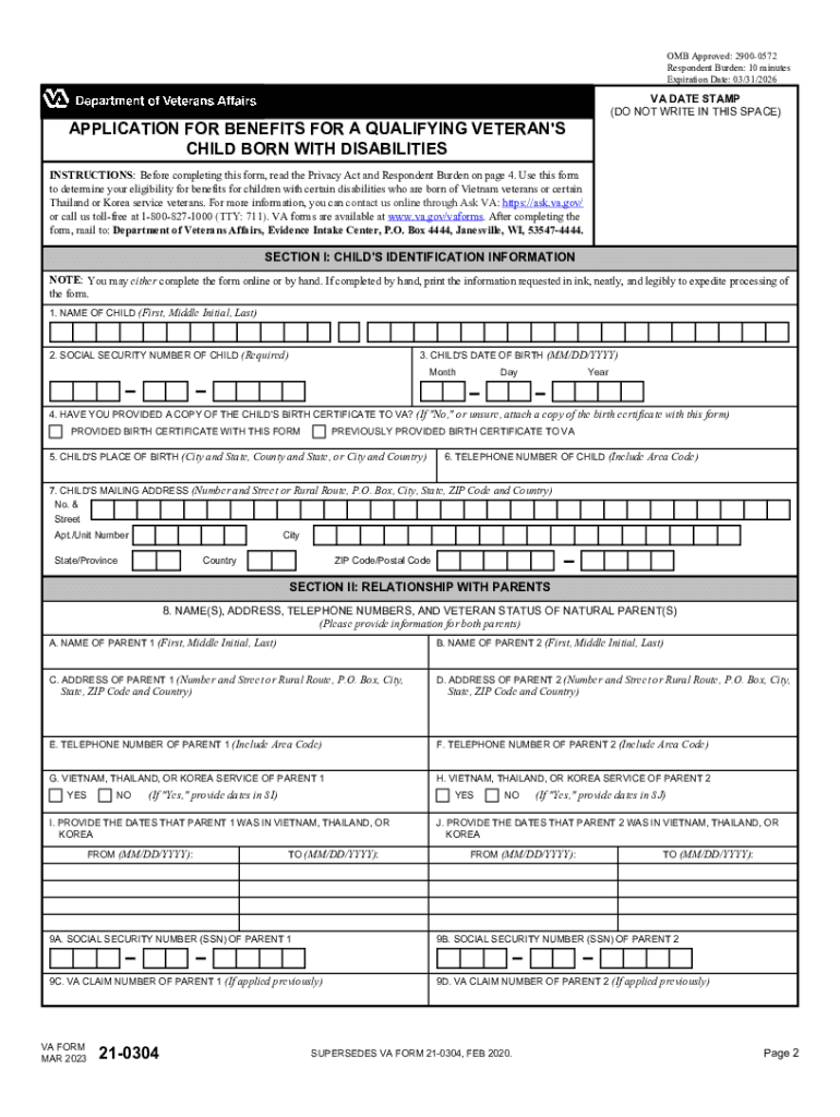  VA Form 21 0304 APPLICATION for BENEFITS for a QUALIFYING VETERAN&#039;S CHILD 2023-2024