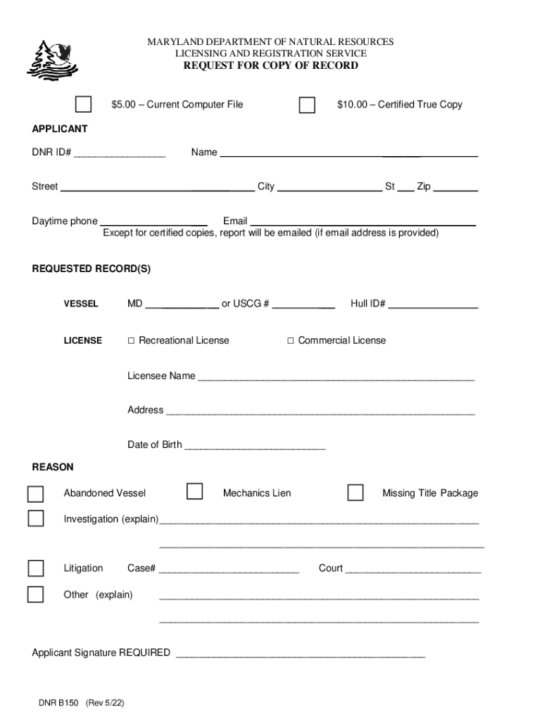 Request for Copy of Record B150  Form