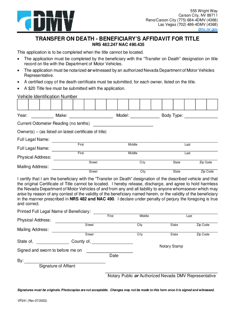 VP241 Affidavit for Transfer on Death Beneficiary  Form