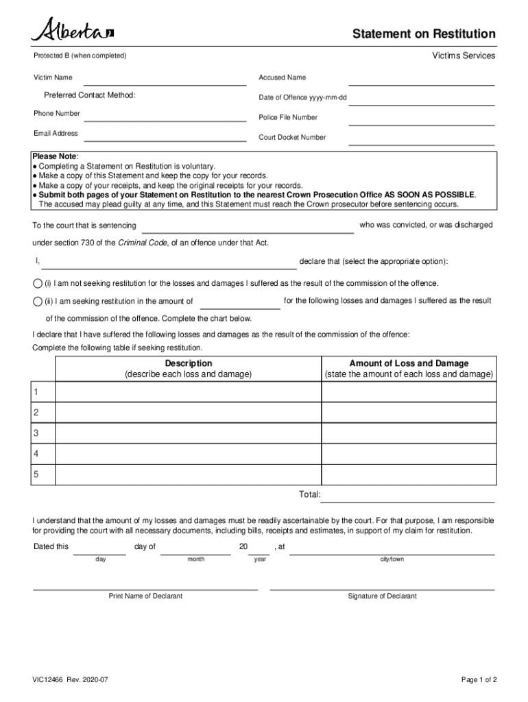  Statement on Restitution the Form Allows a Victim to Seek Restitution through the Court I E Request the Court to Order the Offen 2020-2024