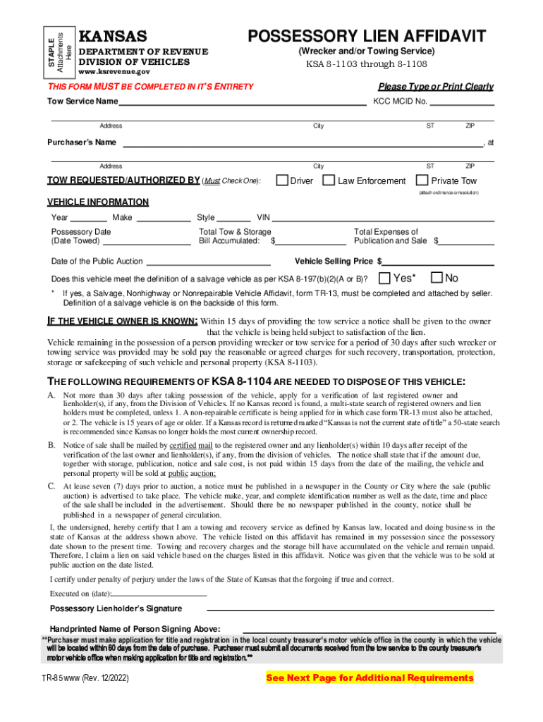 POSSESSORY LIEN AFFIDAVIT TR 85  Form