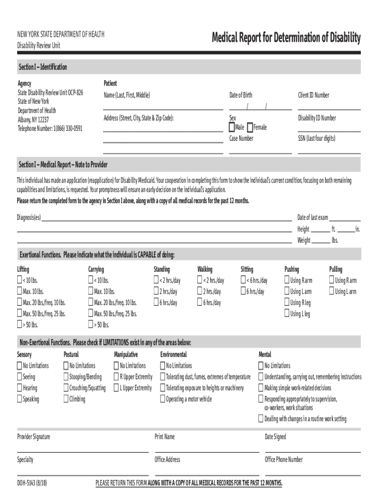  DOH 5143 Medical Report for Determination of Disability 2018-2024