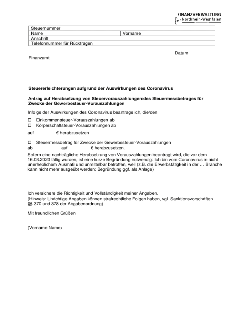 German Tax Reduction Application for Coronavirus Impact  Form