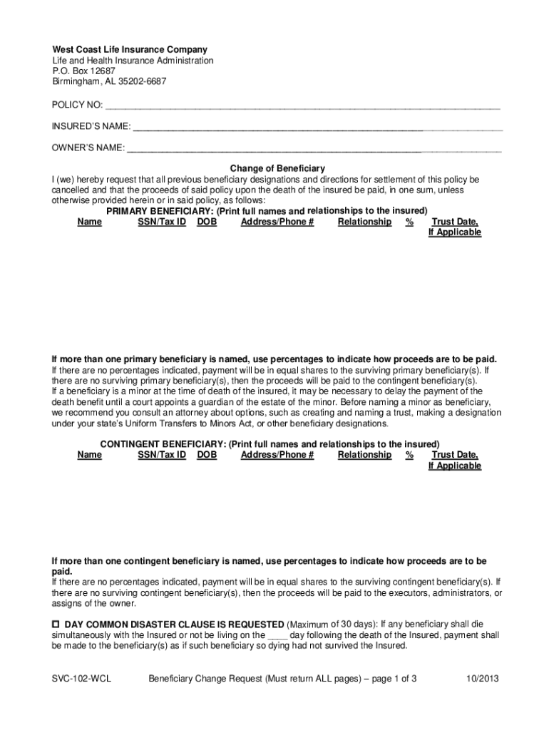 SVC 102 PL Beneficiary Change Request Must Return  Form