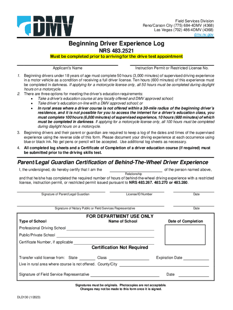  DLD130 Beginning Driver Experience Log Addtional Sheet 2023-2024