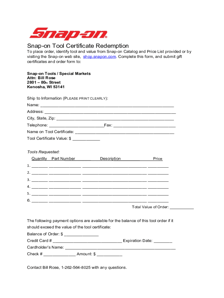 Fillable Online Snap on Tool Certificate Redemption Fax  Form
